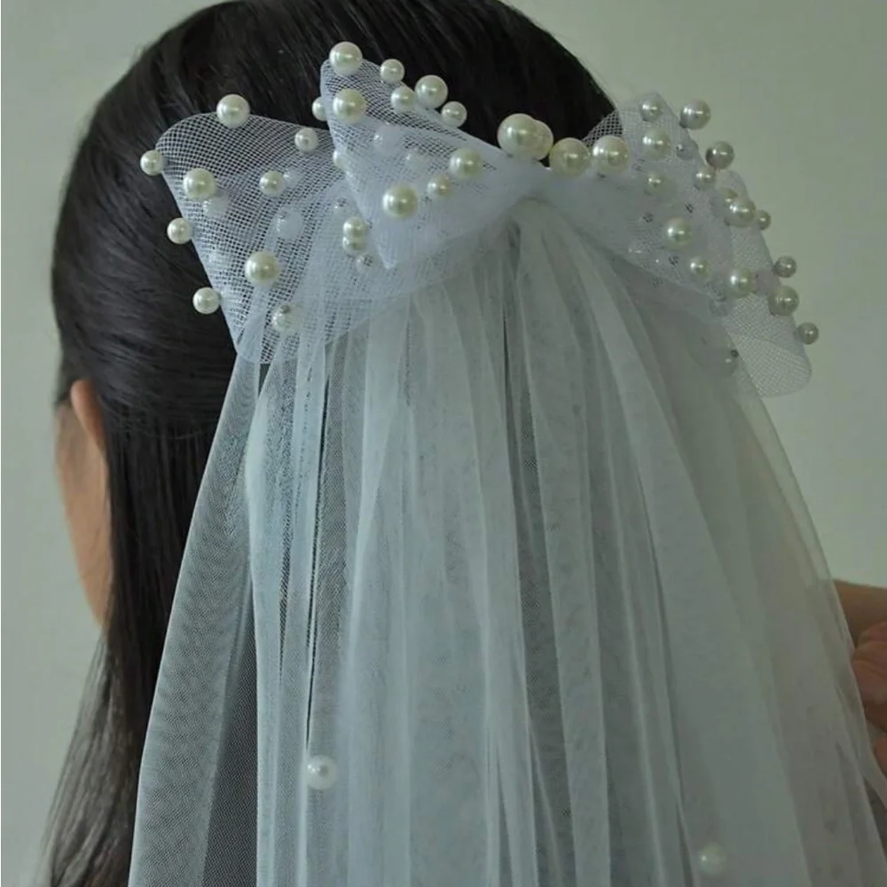 Pearl bow long veil bridal wedding boho chic